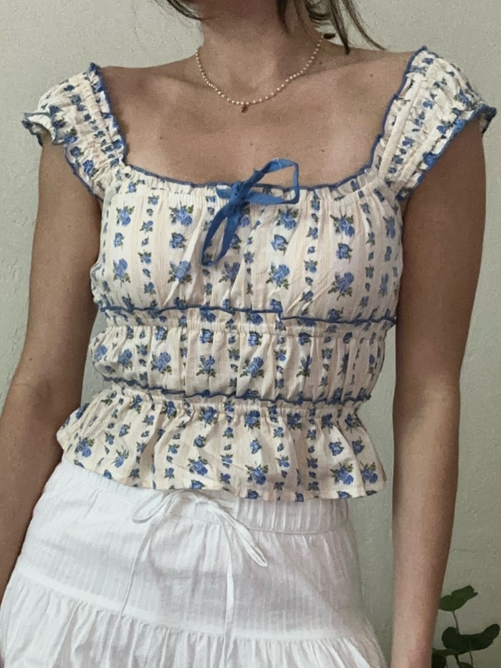Blue Floral Smocked Peplum Crop Top - Womens